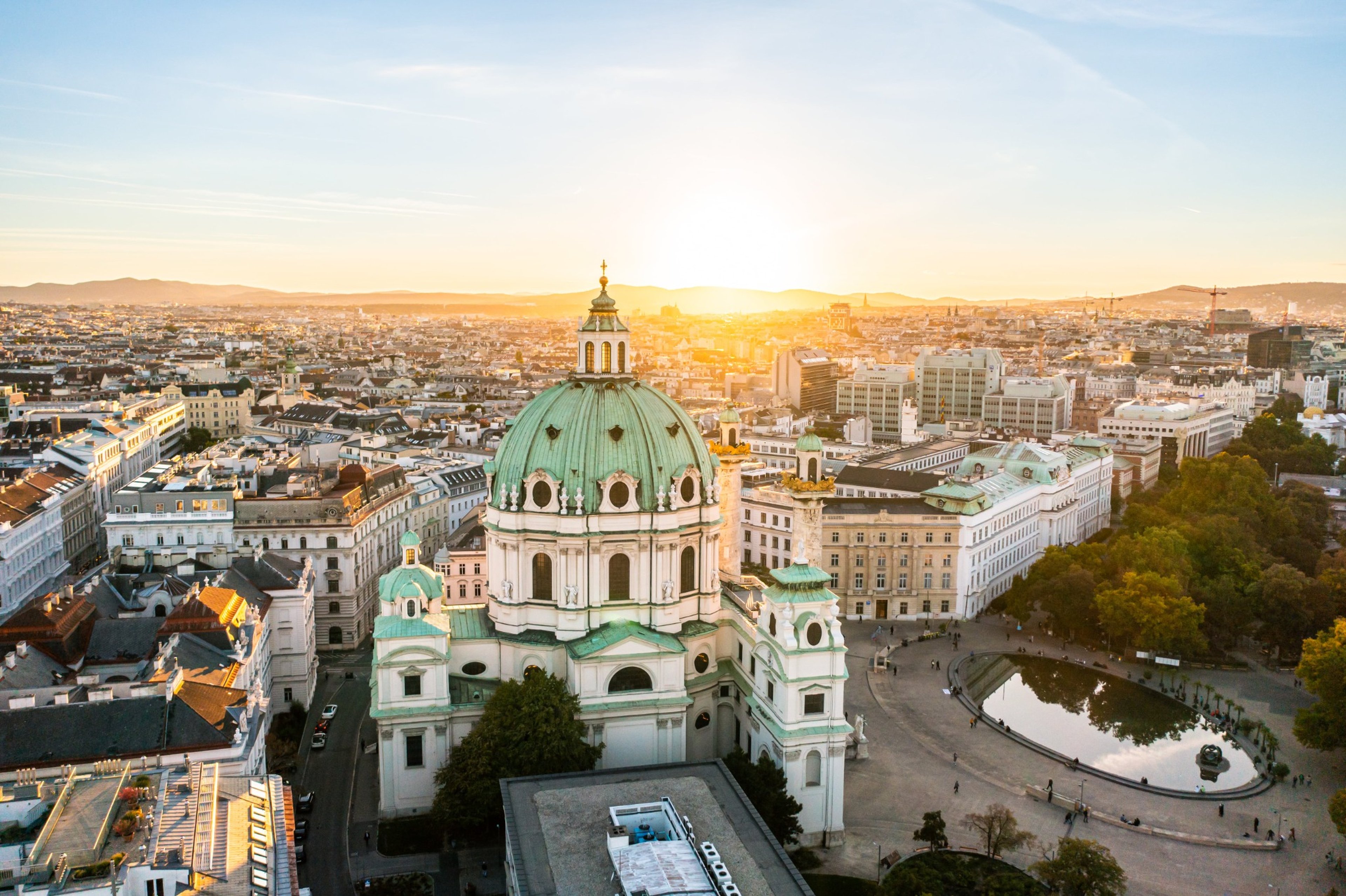Dense historic European city real estate at sunrise
